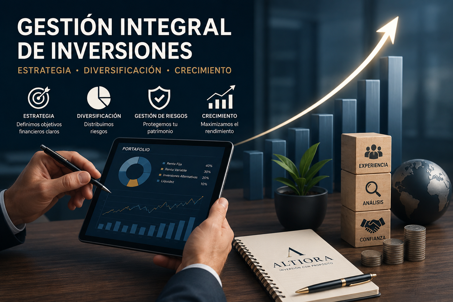 Imagen representativa de consultoría financiera y administración de inversiones enfocada en crecimiento patrimonial y diversificación de activos.